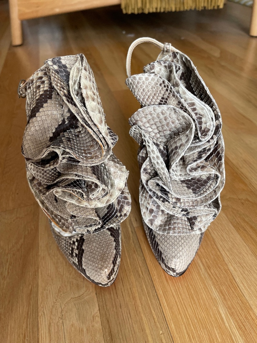 Christian Louboutin Snake-Print Ruffle Ankle Heels in Beige and Brown